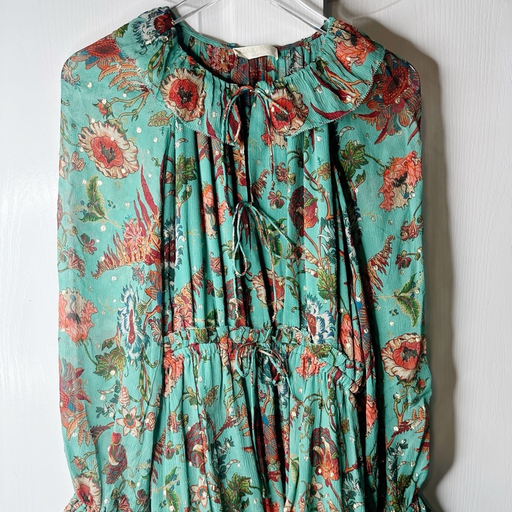 Ulla Johnson Audette Tiered Floral Silk Chiffon Dress Aqua Multi Size 6 - Picture 6 of 9